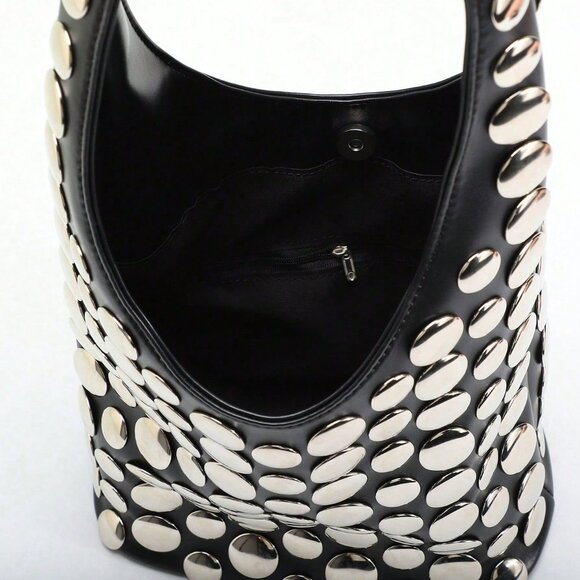 Women's Metal Stud contemporary black Bucket Bag - Picture 9 of 9